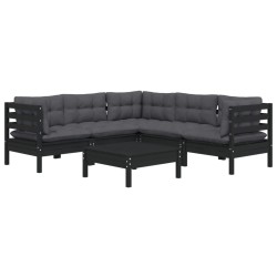 6-tlg. Garten-Lounge-Set mit Kissen Schwarz Massivholz Kiefer