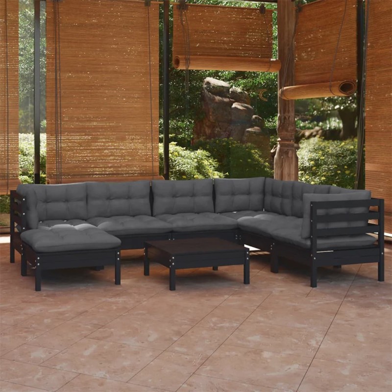 8-tlg. Garten-Lounge-Set mit Kissen Schwarz Kiefer Massivholz