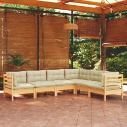 6-tlg. Garten-Lounge-Set mit Creme Kissen Massivholz Kiefer