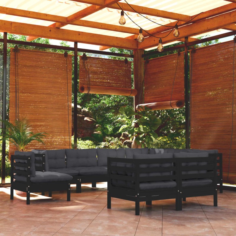 9-tlg. Garten-Lounge-Set mit Kissen Schwarz Kiefer Massivholz