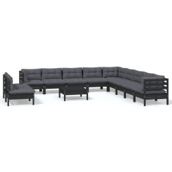 12-tlg. Garten-Lounge-Set mit Kissen Schwarz Massivholz Kiefer