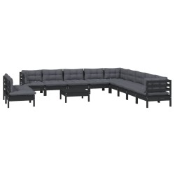 12-tlg. Garten-Lounge-Set mit Kissen Schwarz Massivholz Kiefer