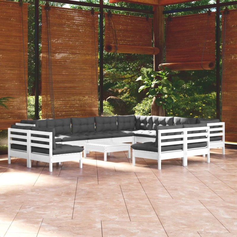 13-tlg. Garten-Lounge-Set mit Kissen Weiß Massivholz Kiefer