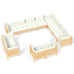 12-tlg. Garten-Lounge-Set mit Creme Kissen Massivholz Kiefer