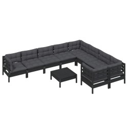 10-tlg. Garten-Lounge-Set mit Kissen Schwarz Kiefernholz