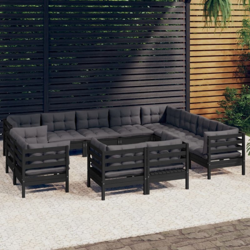 12-tlg. Garten-Lounge-Set mit Kissen Schwarz Massivholz Kiefer