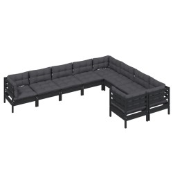 9-tlg. Garten-Lounge-Set mit Kissen Schwarz Kiefernholz