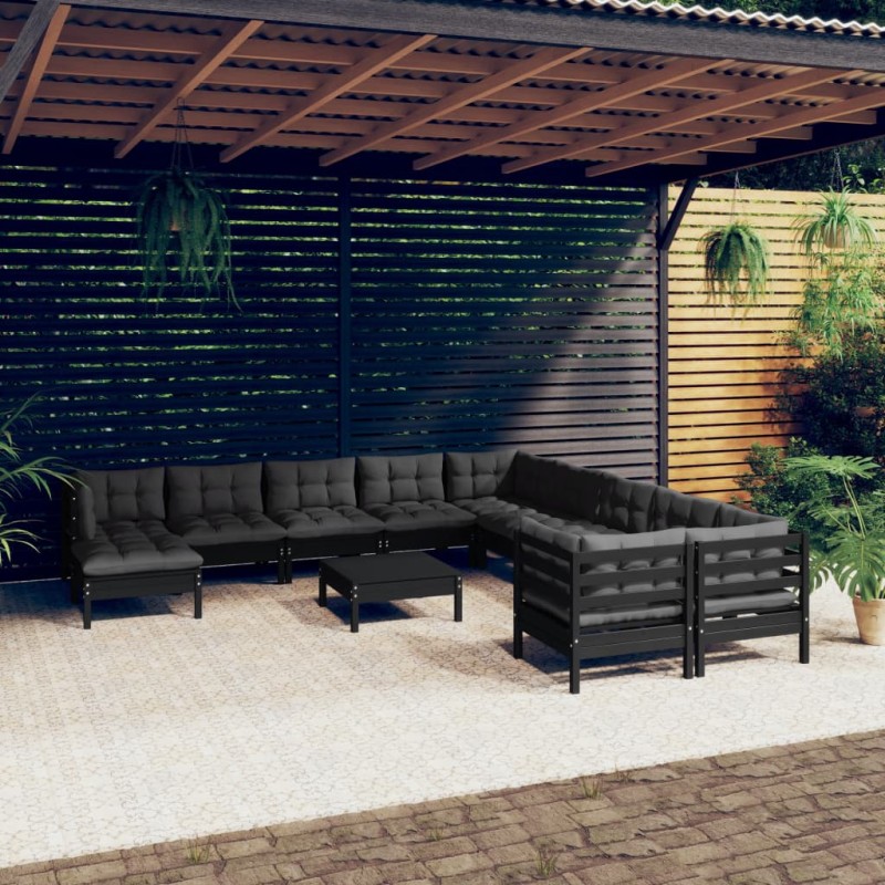 12-tlg. Garten-Lounge-Set mit Kissen Schwarz Kiefernholz