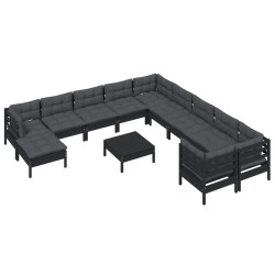 12-tlg. Garten-Lounge-Set mit Kissen Schwarz Kiefernholz