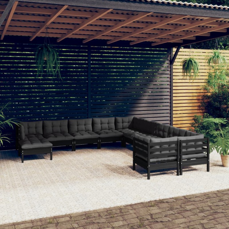 11-tlg. Garten-Lounge-Set mit Kissen Schwarz Kiefernholz