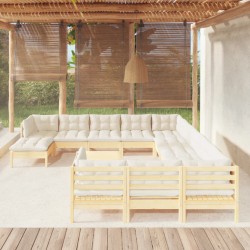 13-tlg. Garten-Lounge-Set mit Creme Kissen Kiefernholz