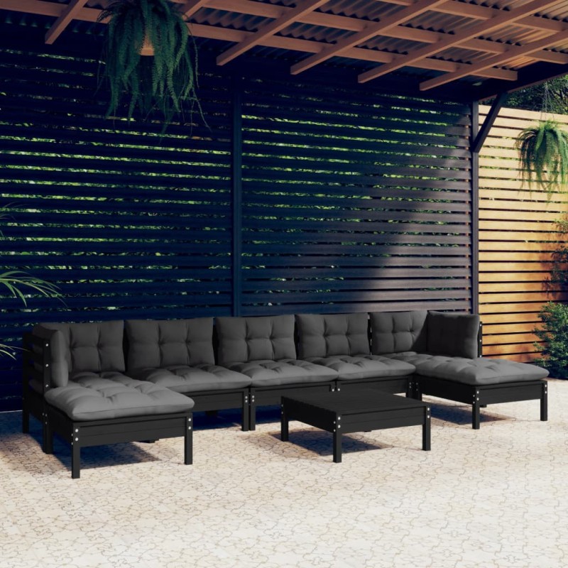 8-tlg. Garten-Lounge-Set mit Kissen Schwarz Kiefernholz