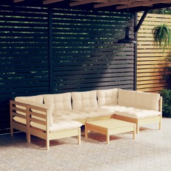 7-tlg. Garten-Lounge-Set mit Creme Kissen Massivholz Kiefer