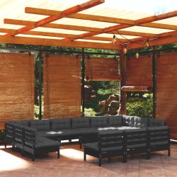 14-tlg. Garten-Lounge-Set mit Kissen Schwarz Massivholz Kiefer