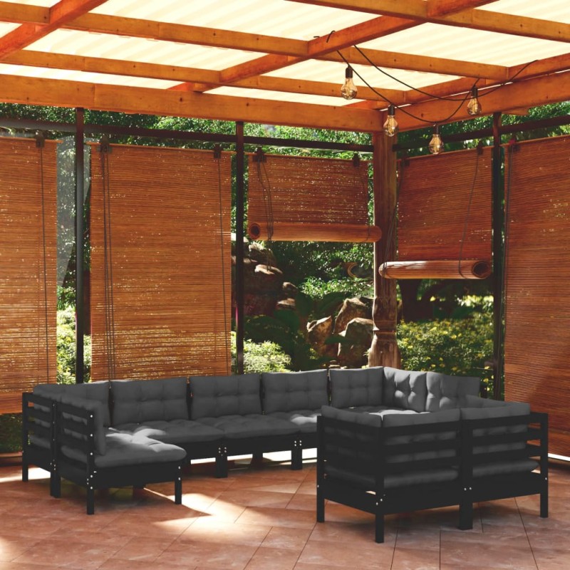 9-tlg. Garten-Lounge-Set mit Kissen Schwarz Kiefer Massivholz