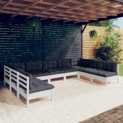 9-tlg. Garten-Lounge-Set mit Kissen Weiß Kiefer Massivholz