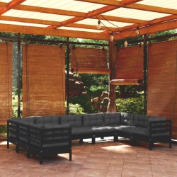 9-tlg. Garten-Lounge-Set mit Kissen Schwarz Kiefernholz