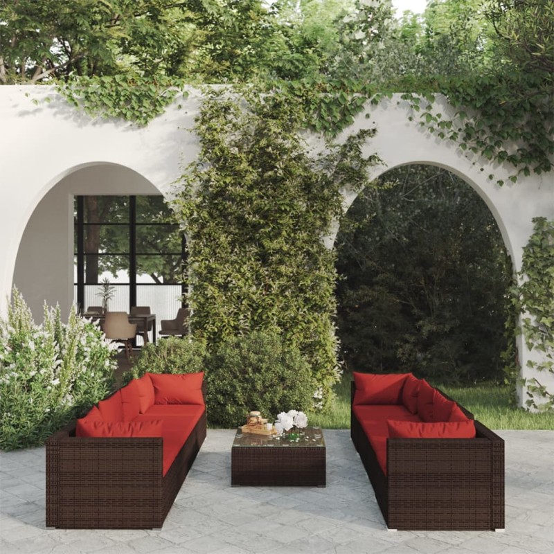 9-tlg. Garten-Lounge-Set mit Kissen Poly Rattan Braun