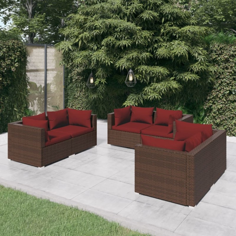 6-tlg. Garten-Lounge-Set mit Auflagen Poly Rattan Braun