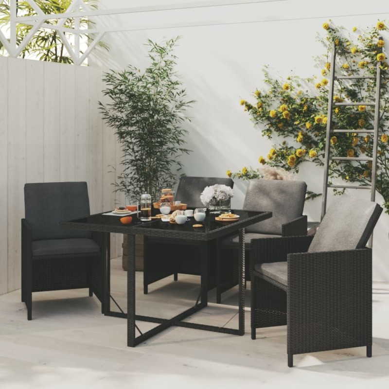 5-tlg. Garten-Essgruppe mit Kissen Poly Rattan Schwarz