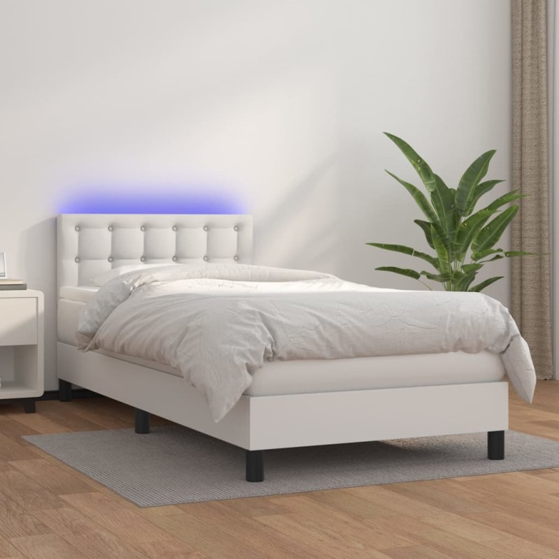 Boxspringbett mit Matratze & LED Weiß 90x190 cm Kunstleder