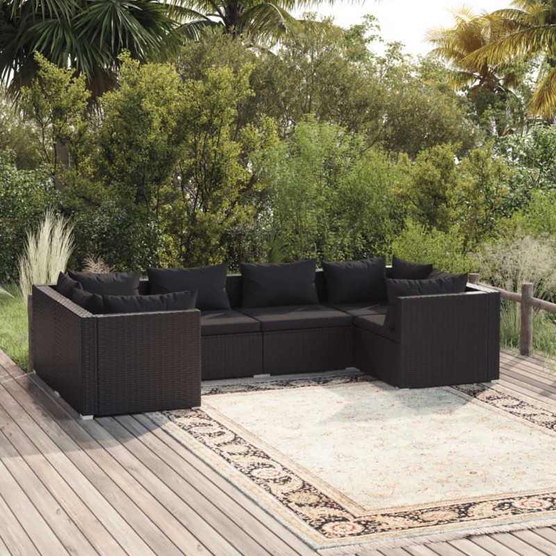 6-tlg. Garten-Lounge-Set mit Kissen Poly Rattan Schwarz