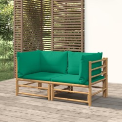 Garten-Ecksofas mit Grünen Kissen 2 Stk. Bambus