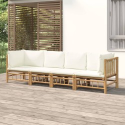 4-tlg. Garten-Lounge-Set mit Cremeweißen Kissen Bambus