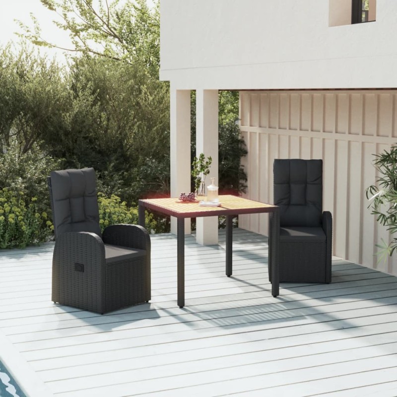 3-tlg. Garten-Essgruppe mit Kissen Schwarz Poly Rattan