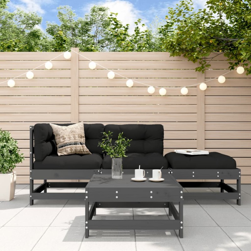 4-tlg. Garten-Lounge-Set mit Kissen Grau Massivholz