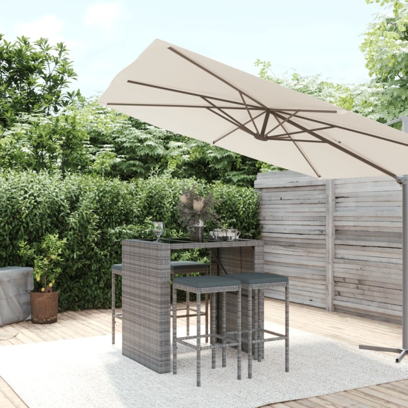 5-tlg. Gartenbar-Set mit Kissen Grau Poly Rattan