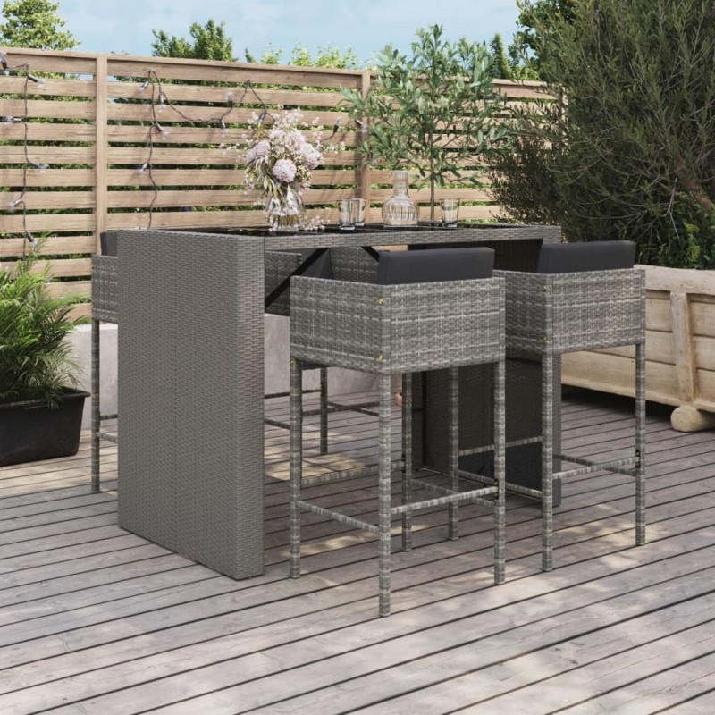 5-tlg. Gartenbar-Set mit Kissen Grau Poly Rattan