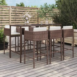 7-tlg. Gartenbar-Set mit Kissen Braun Poly Rattan