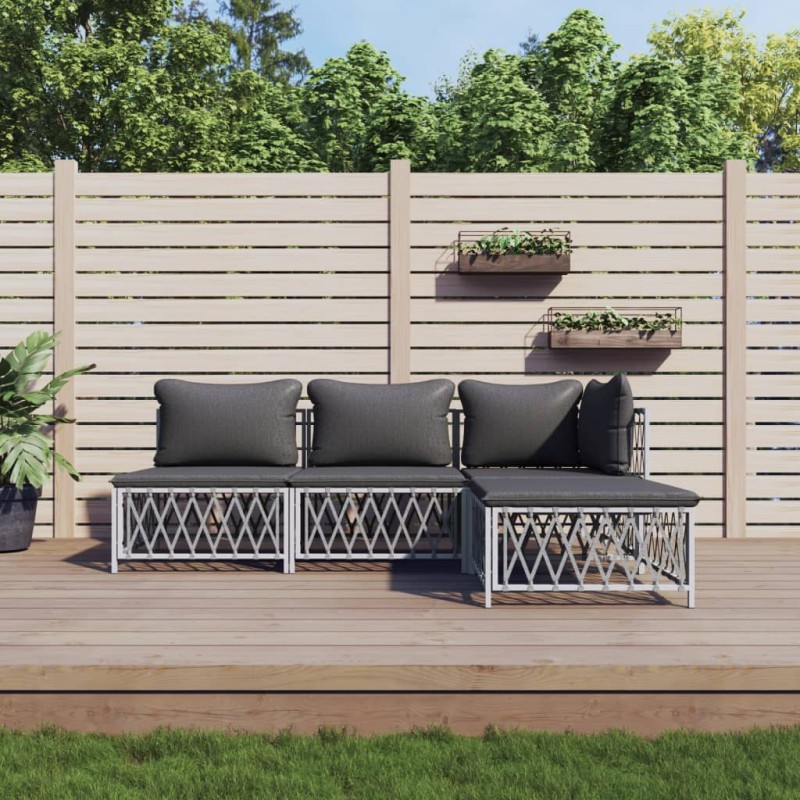 4-tlg. Garten-Lounge-Set mit Kissen Weiß Stahl