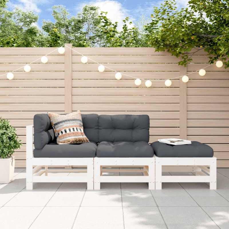 3-tlg. Garten-Lounge-Set mit Kissen Weiß Massivholz