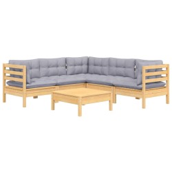 6-tlg. Garten-Lounge-Set mit Grauen Kissen Kiefer Massivholz