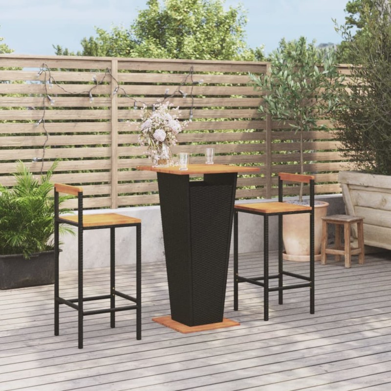 3-tlg. Gartenbar-Set Schwarz Poly Rattan & Massivholz Akazie