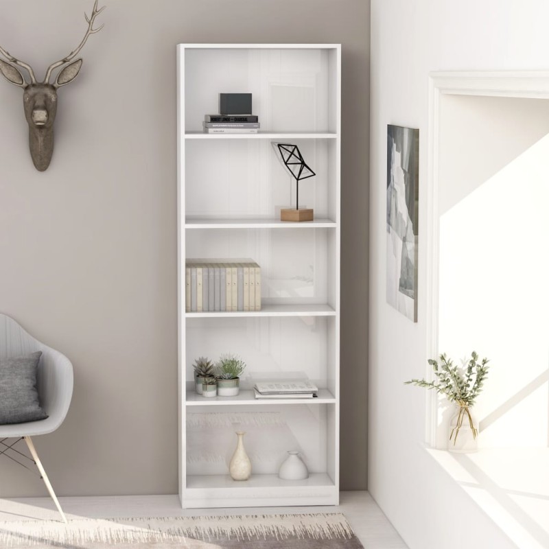 Bücherregal 5 Fächer Hochglanz-Weiß 60x24x175 cm Holzwerkstoff