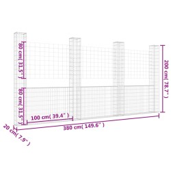 Gabionenkorb U-Form mit 4 Säulen Eisen 380x20x200 cm