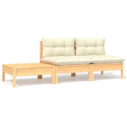 3-tlg. Garten-Lounge-Set mit Kissen in Creme Massivholz Kiefer