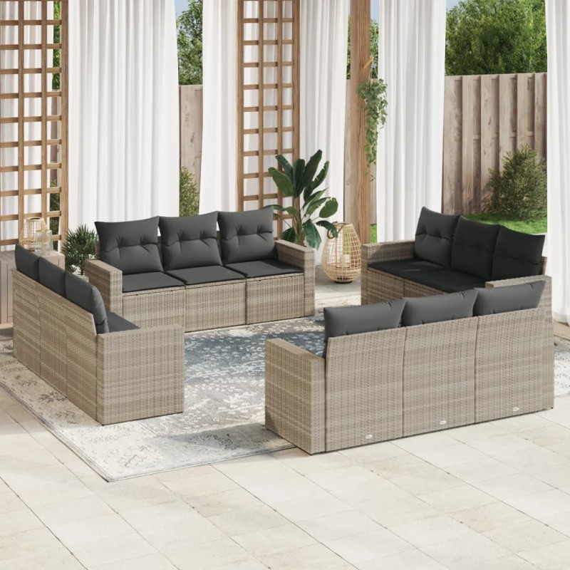 12-tlg. Garten-Sofagarnitur mit Kissen Hellgrau Poly Rattan