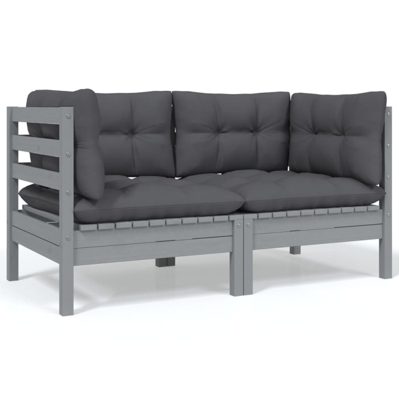 2-Sitzer-Gartensofa mit Kissen Grau Massivholz Kiefer