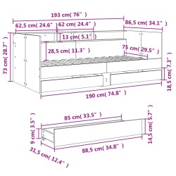 Tagesbett mit Schubladen ohne Matratze 75x190 cm