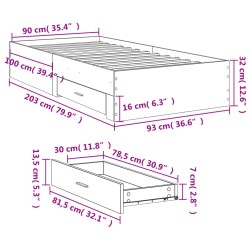 Bettgestell mit Schubladen Räuchereiche 90x200cm Holzwerkstoff