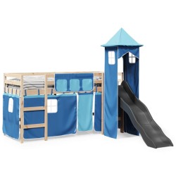 Kinderhochbett mit Turm Blau 90x200 cm Massivholz Kiefer