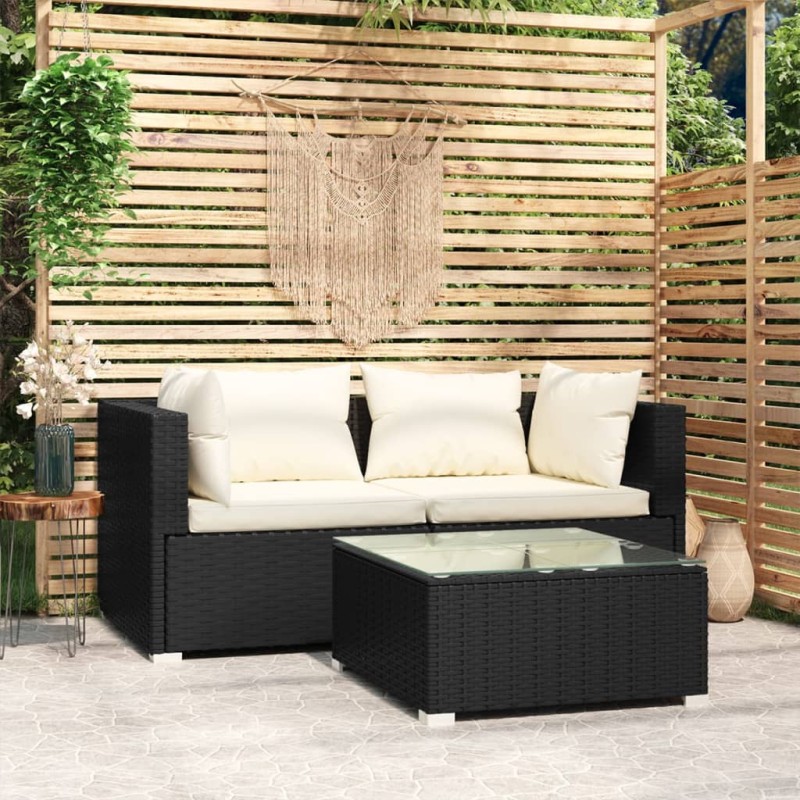 3-tlg. Garten-Lounge-Set mit Auflagen Schwarz Poly Rattan