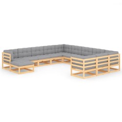 12-tlg. Garten-Lounge-Set mit Kissen Massivholz Kiefer