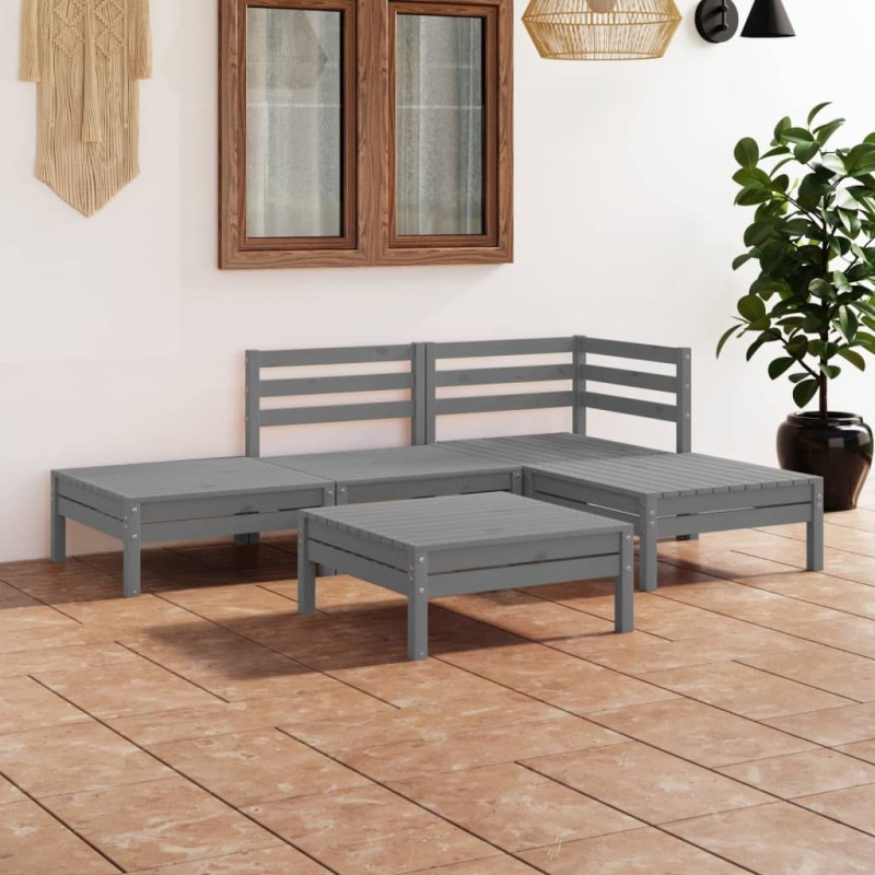 5-tlg. Garten-Lounge-Set Massivholz Kiefer Grau