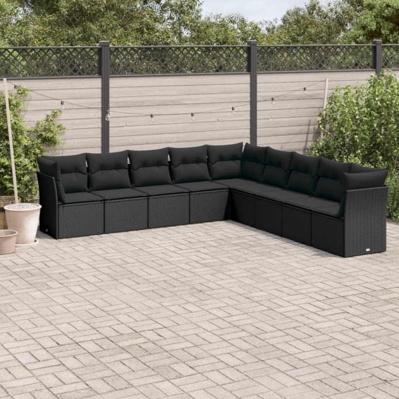 9-tlg. Garten-Sofagarnitur mit Kissen Schwarz Poly Rattan