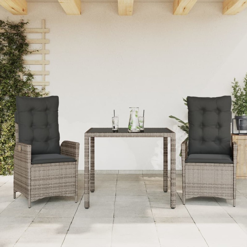 3-tlg. Garten-Essgruppe mit Kissen Grau Poly Rattan